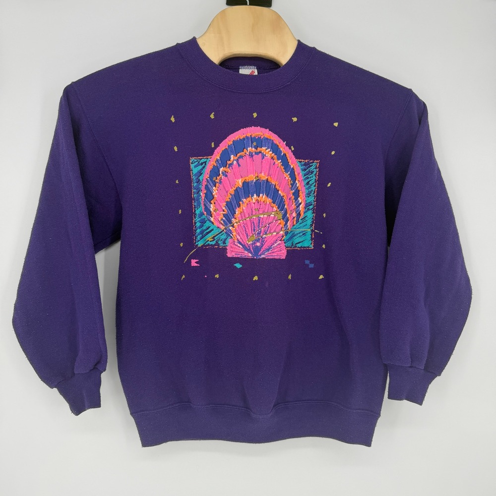 Vintage Jerzees Purple Seashell Graphic Sweatshirt 80s Neon Made in USA Large